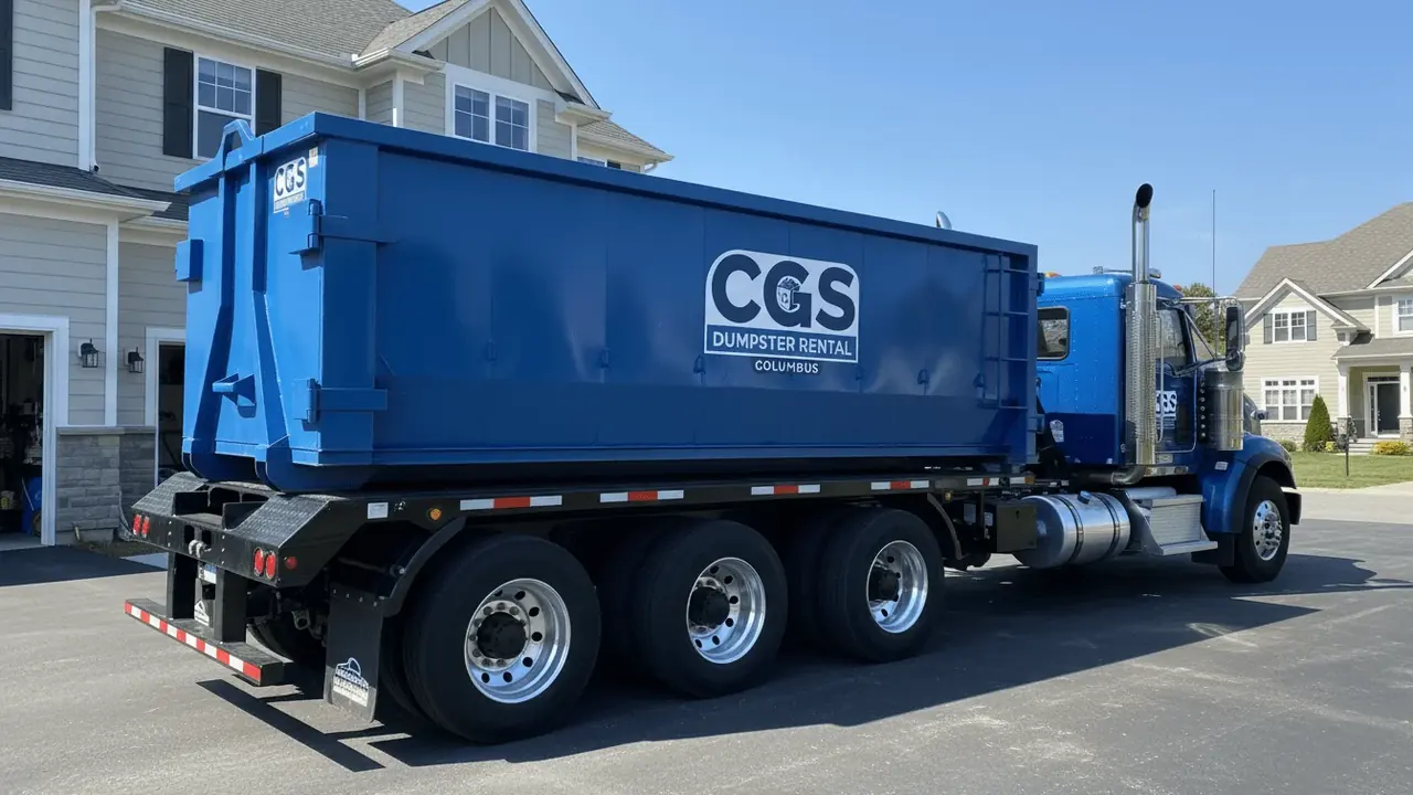 CGS Dumpster Rental Columbus roll-off dumpster staged on a flatbed delivery truck serving Columbus, GA